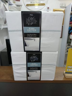 Hotel Style 4-Piece White Pima Cotton Bed Sheet Set with Blue Double Marrow Hem, Full, Adult/Teen.