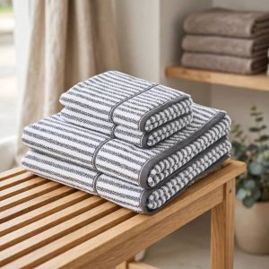 Beautiful by Drew Barrymore 4-Piece Stripe Towel Set, Soft 100% Cotton, charcoal gray.