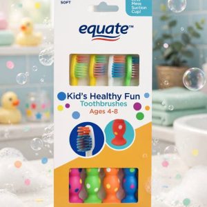 Equate Kids Healthy Fun Toothbrushes for Ages 4 to 8 with Suction Cup, Soft Bristles (4 Count).