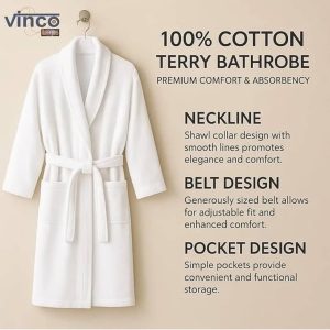 Vinco Loops Luxury 100% Cotton Terry Cloth Bathrobe for Women and Men – Ultra-Soft Spa & Hotel Collection Unisex Velour Robe with Shawl Collar, Highly Absorbent Premium White Robe, One Size.