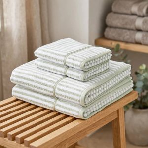 Beautiful by Drew Barrymore 4-Piece Stripe Towel Set, Soft 100% Cotton, Sage Gree.