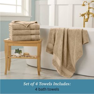 WelHome 100% Cotton 4 Piece Ultra SOFT TWIST Solid Bath Towels Set, Tan, 600 GSM, 30in x 54in, Highly Absorbent, Bathroom Towels For Everyday Use.