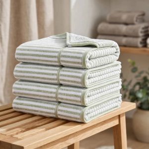 Beautiful by Drew Barrymore Stripe Bath Towel, Soft 100% Cotton, Sage Green.