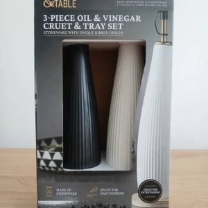 Thyme & Table Ceramic Oil and Vinegar Cruet Set with Bamboo Base, Black.