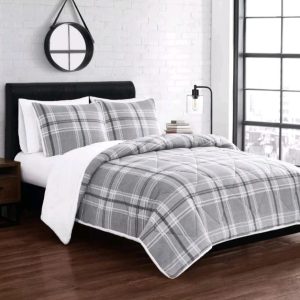 Cannon 3pc King Cozy Teddy Plaid Comforter Set Grey/Cream.