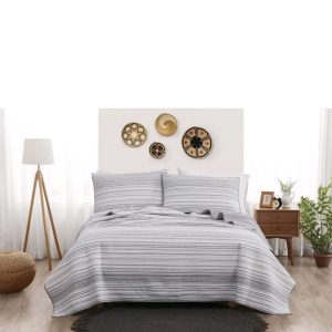 Brooklyn Loom 3pc Full/Queen Noah Stripe Yarn Dye Quilt Set Gray.