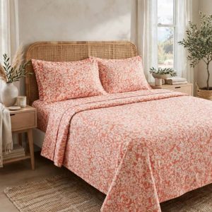 WelHome 100% Cotton Percale 4-Piece King Size Deep Pocket Bed Sheets Set, 1 Fitted, 1 Flat Sheet with 2 Pillowcases, Imprint Floral in Terra Cotta.
