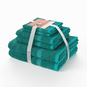 Beautiful by Drew Barrymore 6-Piece Dobby Bath Towel Set, Soft 100% Cotton, Pine Green.