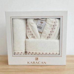 Karacan Home Collection Cotton Bathrobe with towels Set, off-white