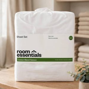 Room Essentials Queen Cotton Blend Sateen Sheet Set White.