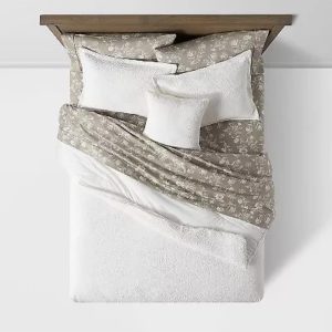 Threshold 8-Piece Comforter & Sheets Set Cotton Waffle Quilted, White, Full
