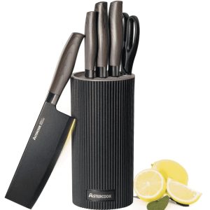 Astercook Knife Set, 6-Piece Kitchen Knives Set with Block & Non-Stick Healthy Coating, Stainless Steel Chef Knives with Anti-Slip Ergonomic Handle, Dishwasher Safe, Perfect Kitchen Home Gifts, Black.